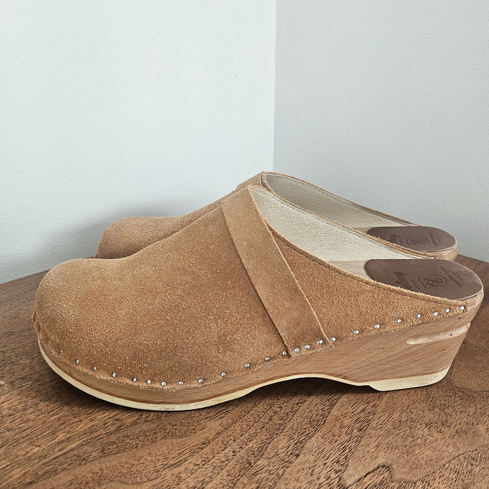 Suede Tan Clog Mules, Size 41